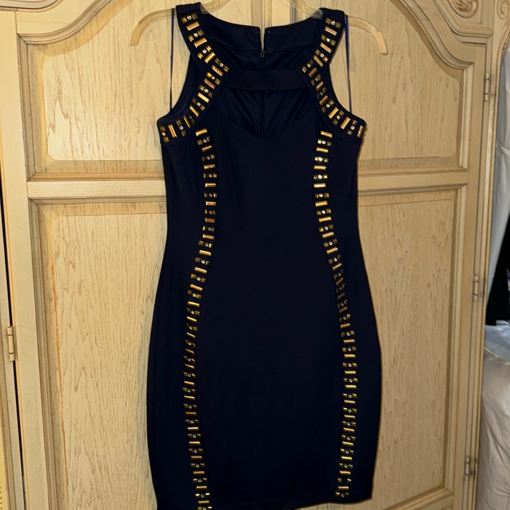 Navy blue and gold accent dress